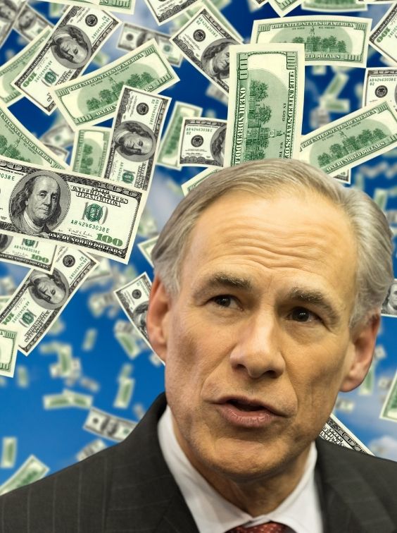 Image of Governor Greg Abbot with money falling in the background