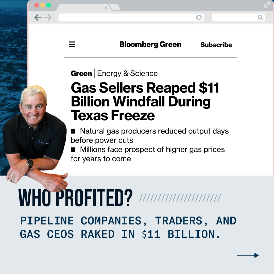 Gas CEO superimposed over an article headline reading 